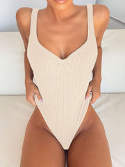 Solid Color Striped Underwired One-Piece Swimwear