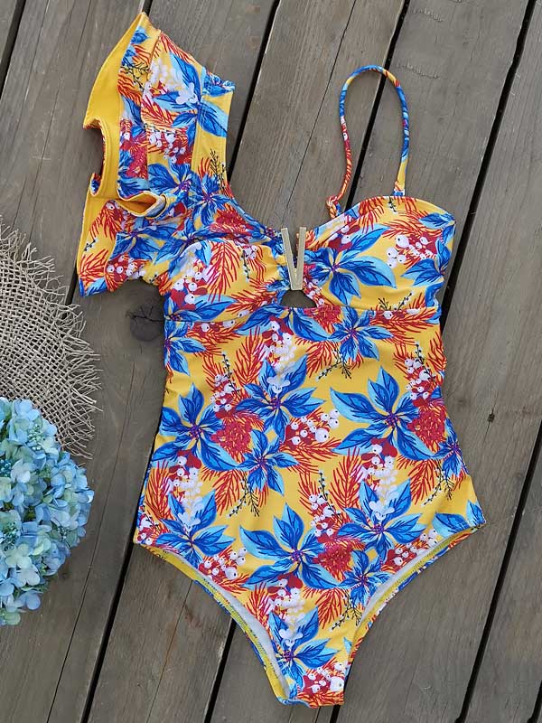 Floral One-Shoulder Falbala Hollow Tight One-Piece Swimwear