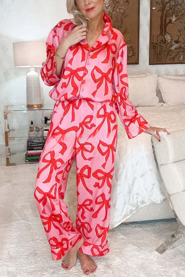 Geben Sie Ihnen ein Überraschungsgeschenk Schleife gedruckt elastische Taille Pyjama Set mit Taschen