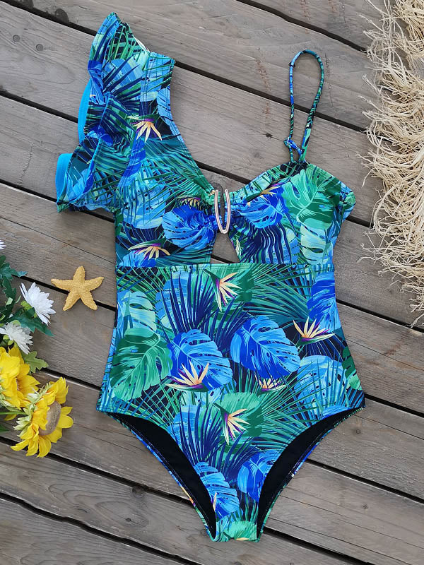 Floral One-Shoulder Falbala Hollow Tight One-Piece Swimwear