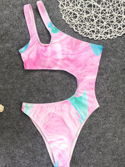 Gradient Printed One-Shoulder Hollow One-Piece Swimwear