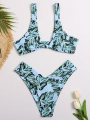 Leaf Print Knotted Backless Split Bikini Swimsuit