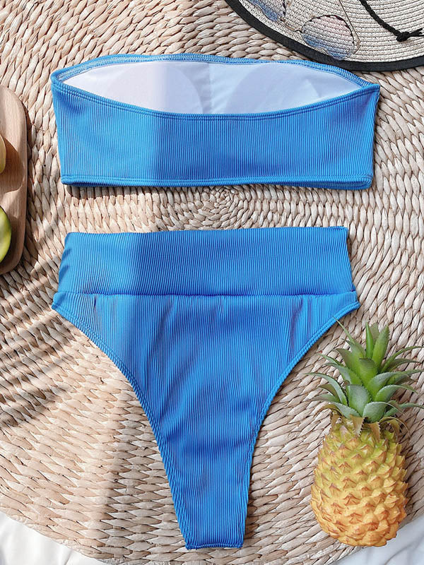 Solid Color Striped Bandeau Split Bikini Swimsuit