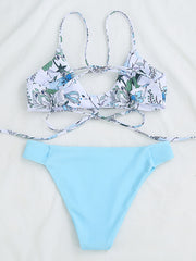 Floral-Print Color-Block Bandage Split Bikini Swimsuit