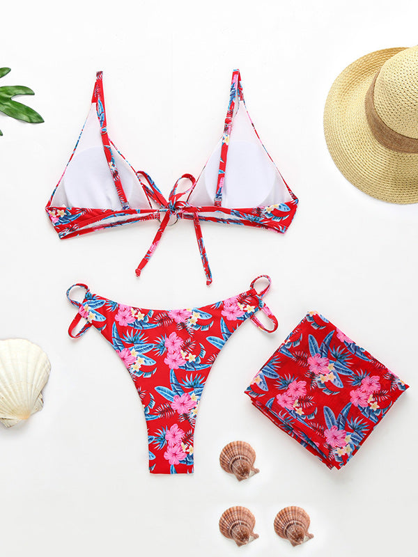 Three-Piece Floral Print Bandage Tie Side Bikini Swimwear