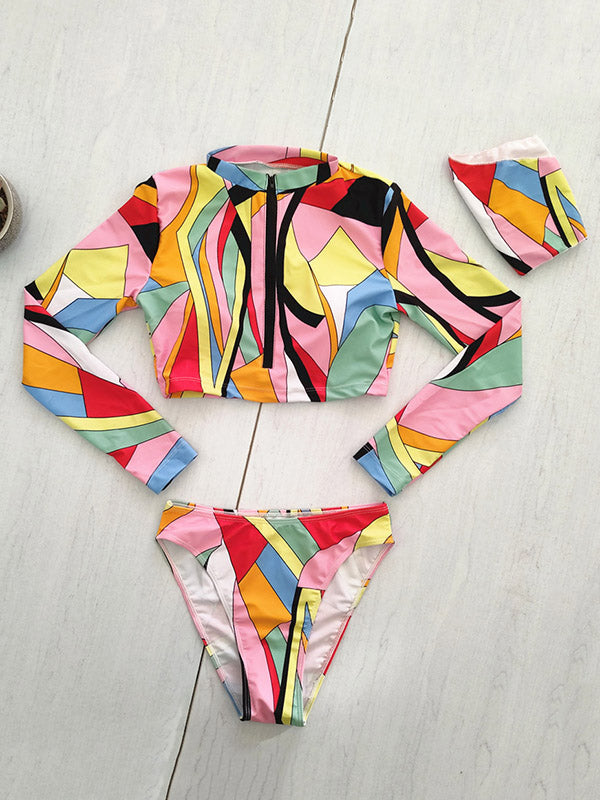 Abstract Printed Long Sleeve Zipper Split Wetsuit+Scarf