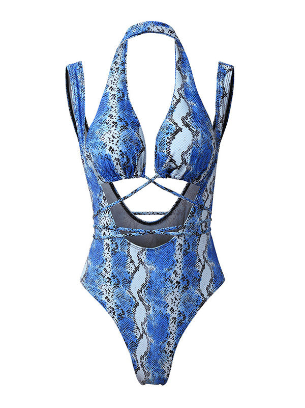 Sexy Snake-Print Bandage Split Bikini Swimsuit