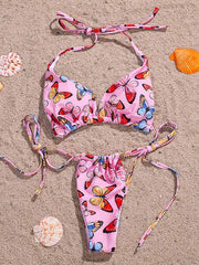 Floral-Print Gathered Bandage Triangles Split Bikini Swimsuit