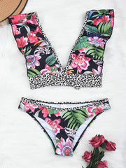 Floral Printed Deep V-Neck Falbala Bralette Hipster Bikini Swimwear