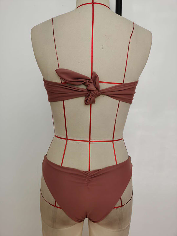 Einfarbiger Bandeau-Bikini-Badeanzug mit Knoten und Schlitz 