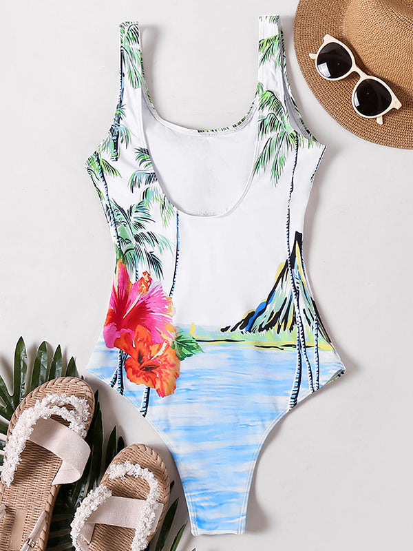 Sleeveless U Neck Floral Print Tights One-Piece Swimwear