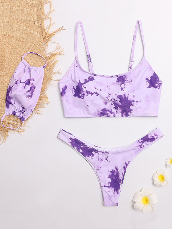 Tie-Dyed Gradient Spaghetti-Neck Split Bikini Swimsuit+Mask