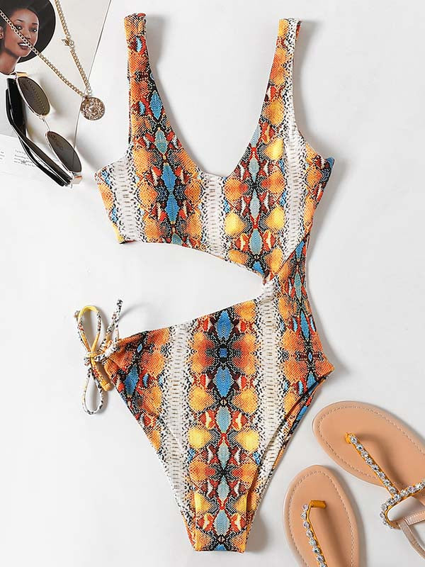 Sleeveless Printing Hollow Bandage Monokini Swimwear