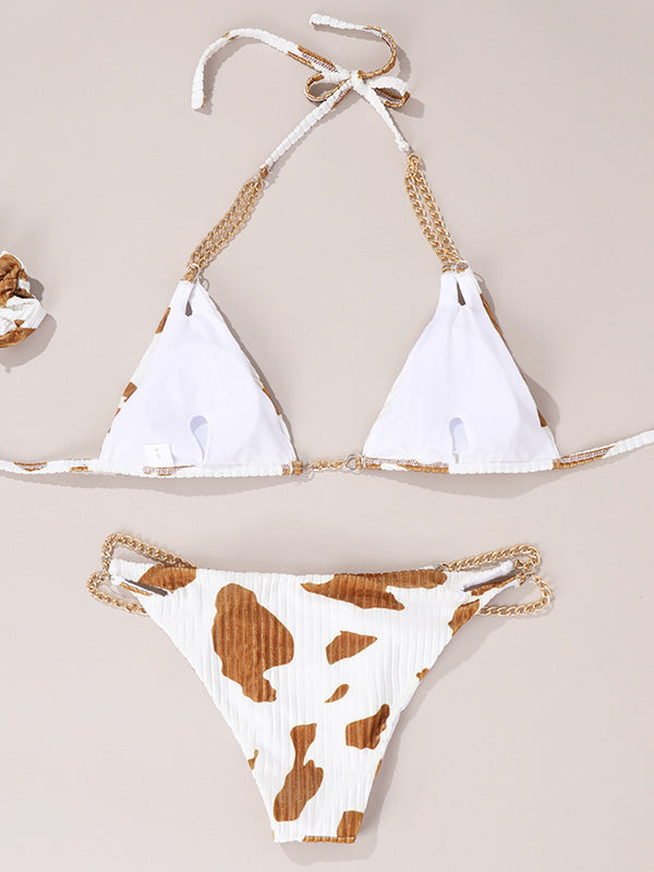 Halterneck Chain Split-Joint Cow Print Triangles Bikini Swimwear