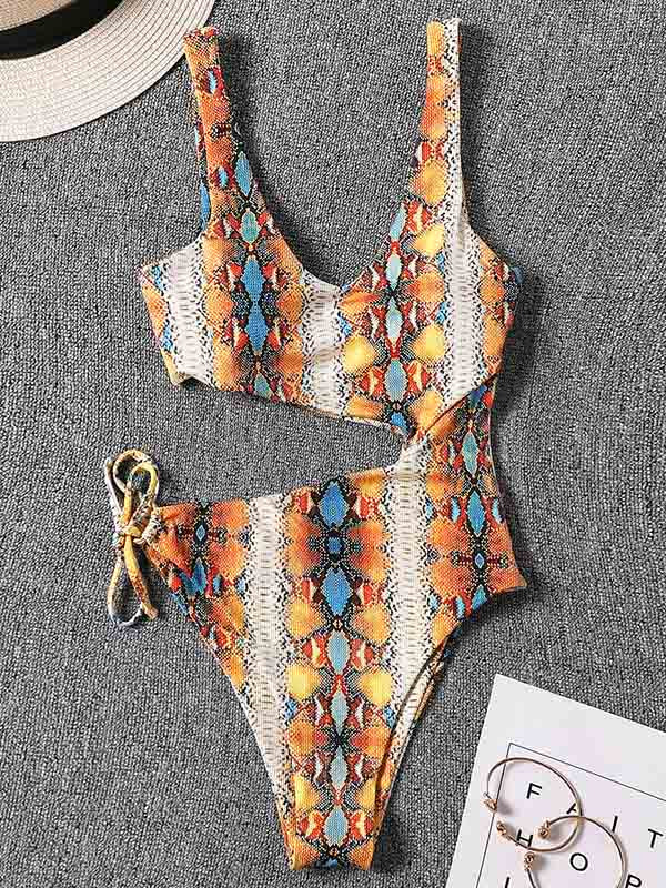 Sleeveless Printing Hollow Bandage Monokini Swimwear