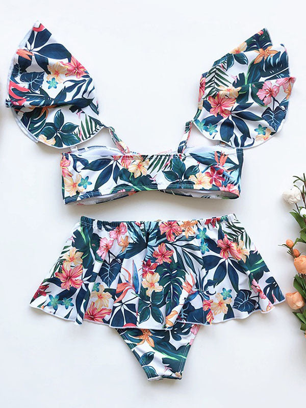 Sexy Floral Printed Ruffles Three-Pieces Bikini Swimsuit