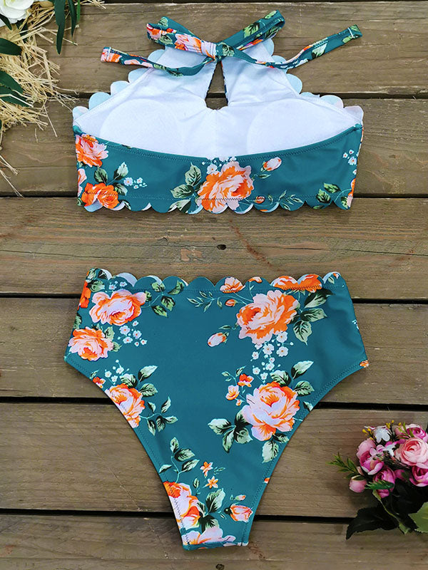 Neckholder-Bikini-Badeanzug mit Blumenmuster im Falbala-Stil 