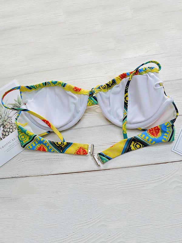 Vintage Print Knotted Underwired Split Bikini Swimsuit