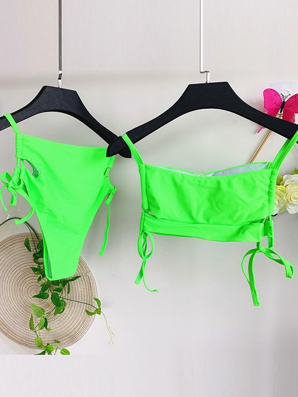 Solid Color Hollow Bandage Split Bikini Swimsuit