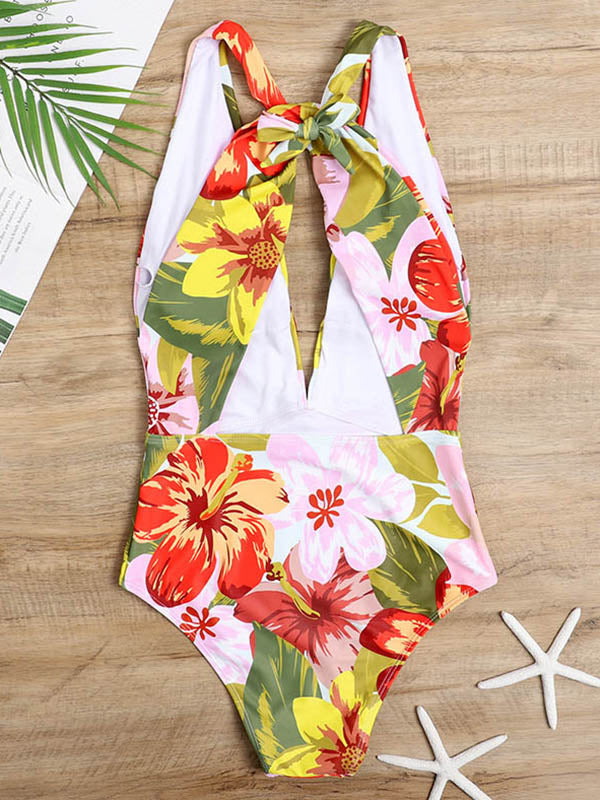 Floral Deep V-Neck Backless One-Piece Swimwear