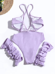 Solid Color Backless Bandage One-Piece Swimwear+Sleeve