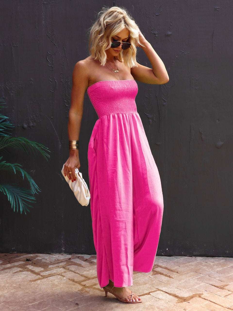 Rose Strapless Sleeveless Pleated Strapless Wide Summer One Piece Outfit