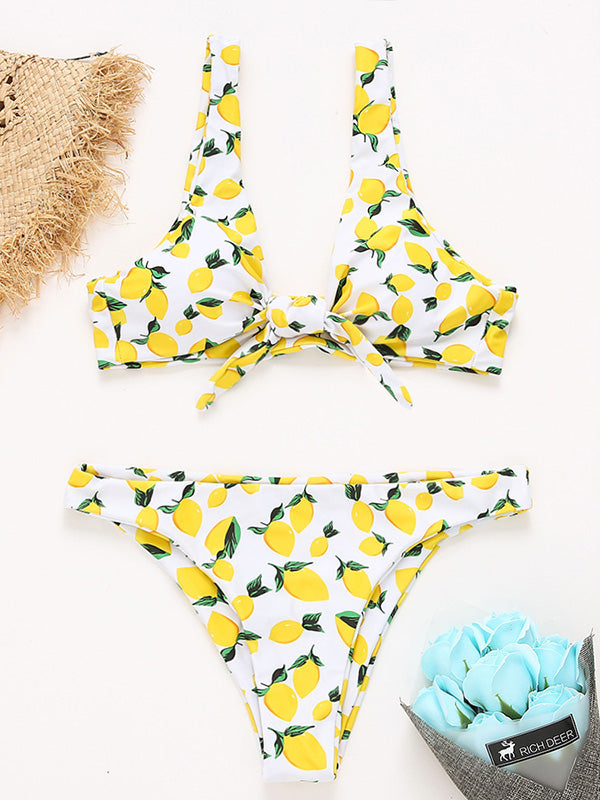 Floral-Print Color-Block Knotted Split Bikini Swimsuit