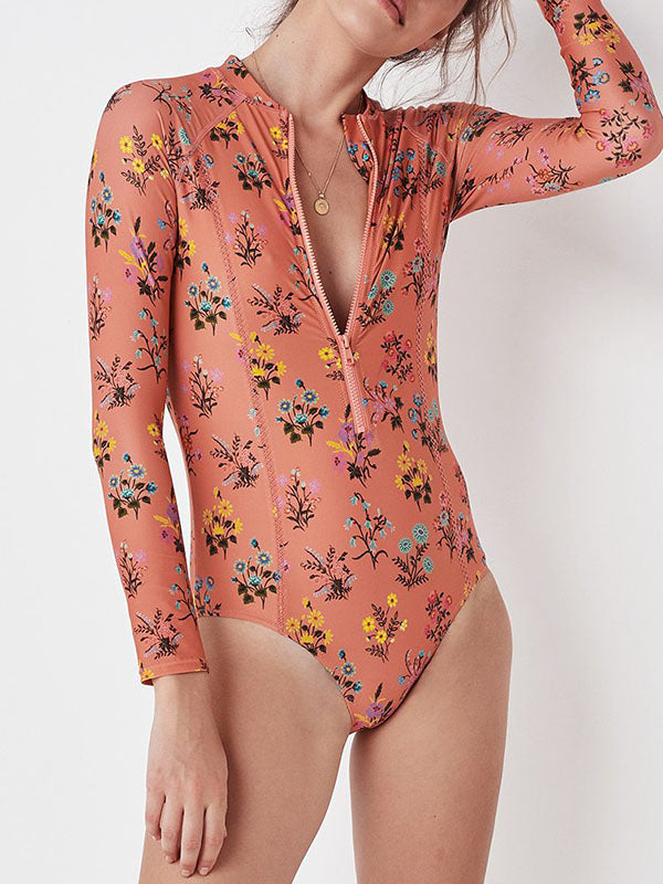 Floral Printed Long Sleeves One Piece Wetsuit