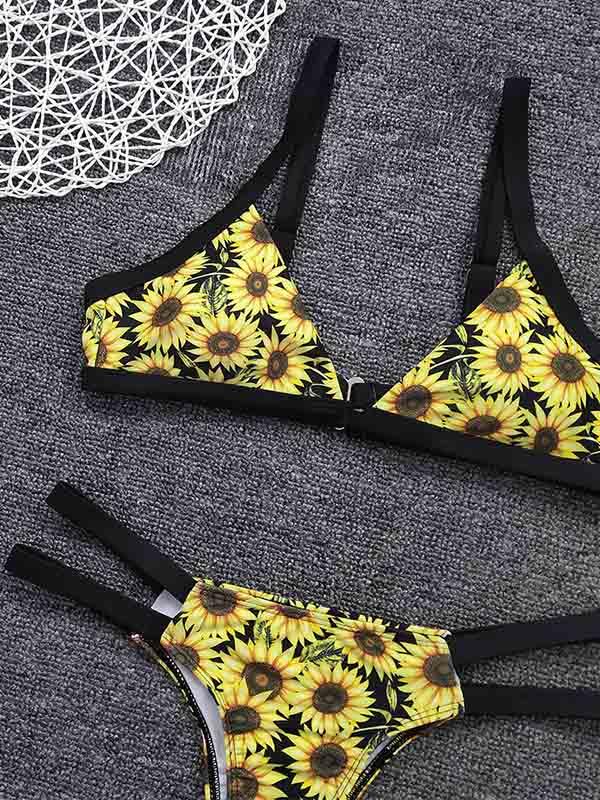 Floral-Print Bandage Hollow V-Neck Split Bikini Swimsuit