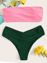 Solid Color Color-Block Bandeau Split Bikini Swimsuit