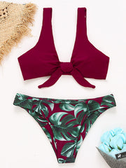 Floral-Print Color-Block Knotted Split Bikini Swimsuit