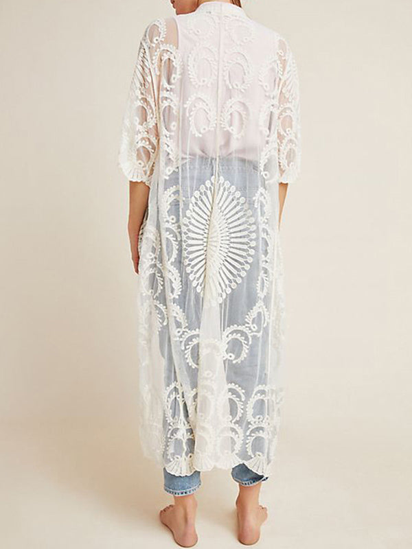 Half-Sleeve Embroidered See-Through Cardigan Cover-Up Swimwear