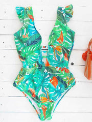 Ruffled Floral Print V-Back One-Piece Swimwear