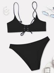 Solid Color Bandage Spaghetti-Neck Split Bikini Swimsuit