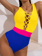 Hollow Color-Block Sleeveless High-Waisted One-Piece Swiwmear