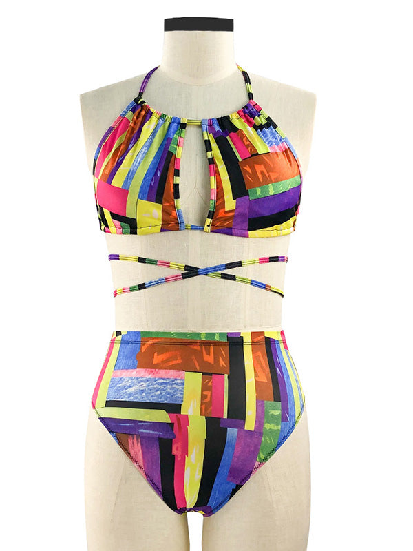 Colorful Printed Bandage Hollow Split Bikini Swimsuit