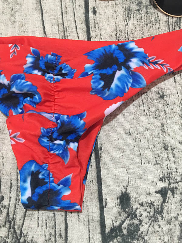 Floral Print Falbala Split Bikini Swimsuit