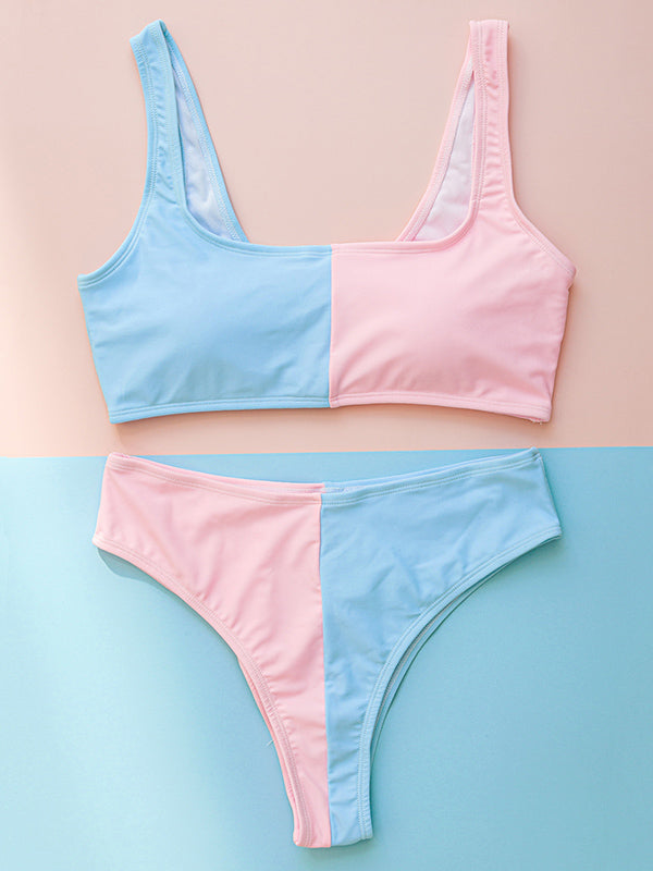 Color-Block Split-Joint U-Neck Split Bikini Swimsuit