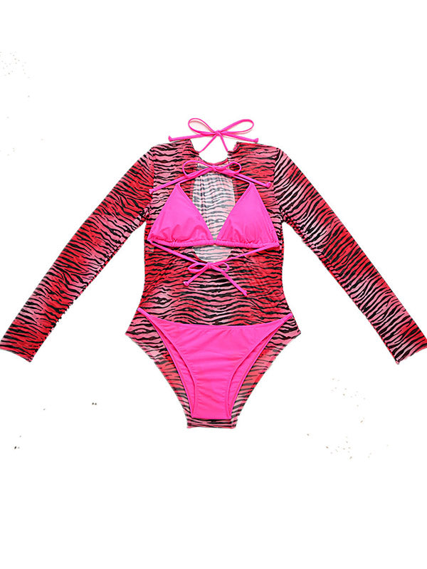 Long Sleeve Zebra Print Mesh Bikini Wetsuit Swimwear