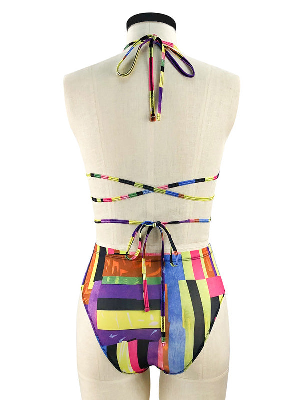 Colorful Printed Bandage Hollow Split Bikini Swimsuit