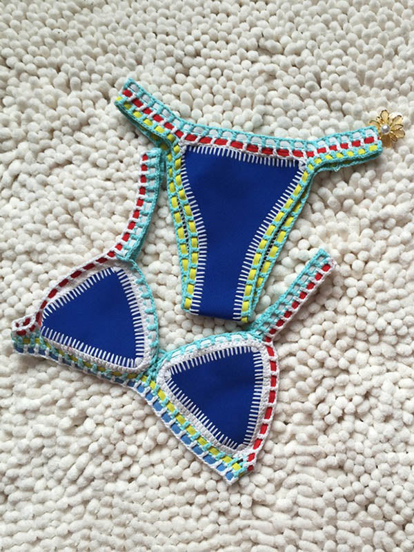 Dreieckiger Patchwork-Häkel-Neopren-Bikini-Badeanzug mit Schlitz 