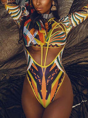 African Totem Print Split-Joint Hollow One-Piece Swimwear