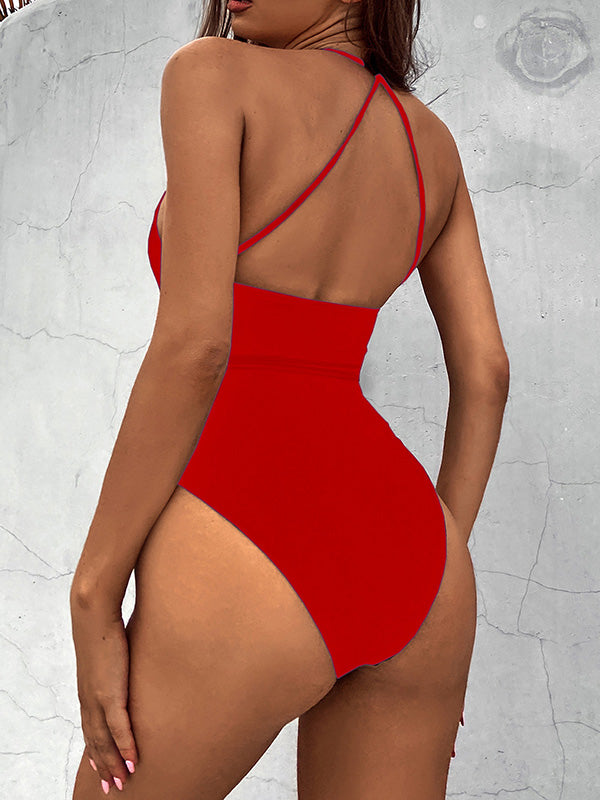 Split-Joint Chains Halterneck Backless One-Piece Swimwear