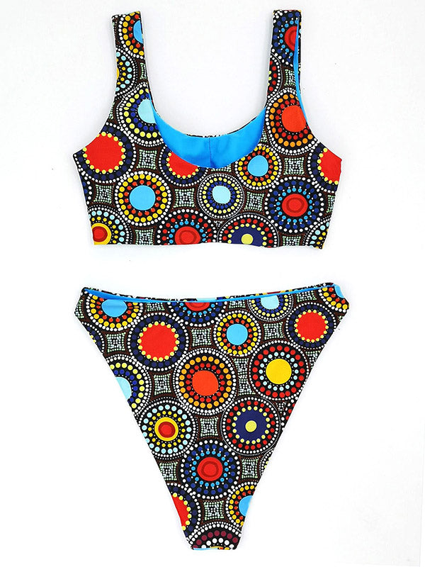 Ethnic Printed Bandage Hollow U-Neck Split Bikini Swimsuit