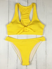 Solid Color Knotted Hollow Split Bikini Swimsuit