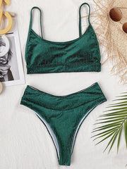 Solid Sleeve Bralette High-Waisted Simple Split Bikini Swimsuit