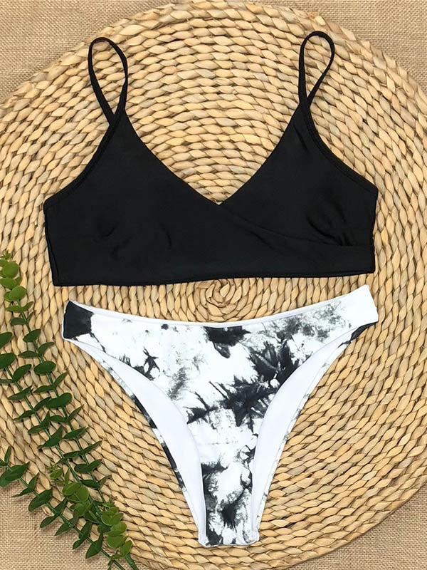 Bikini-Badeanzug mit Blumenmuster, Spaghetti-Ausschnitt und Schlitz im Farbblock-Design 