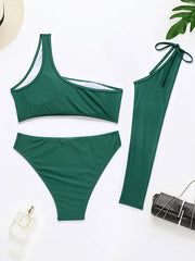 Solid Color One-Shoulder Sleevelet High-Waisted Bikini Swimwear