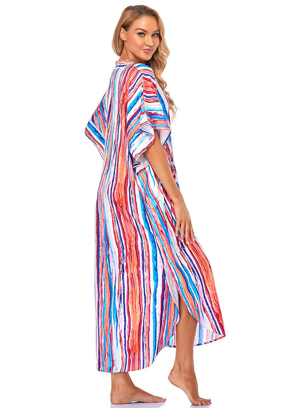 Striped Loose Pocket Cardigan Vacation Beach Cover-Up Swimwear