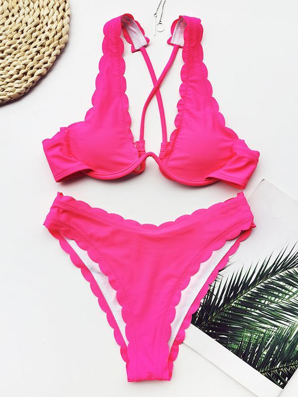 Solid Color Fringed Underwired Split Bikini Swimsuit